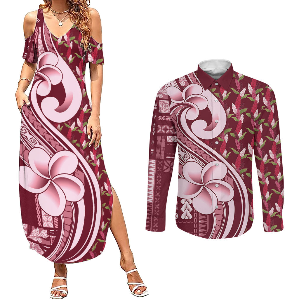 Samoa Teuila Couples Matching Summer Maxi Dress and Long Sleeve Button Shirt Maroon Samoan Siapo Motifs LT05 Maroon - Polynesian Pride