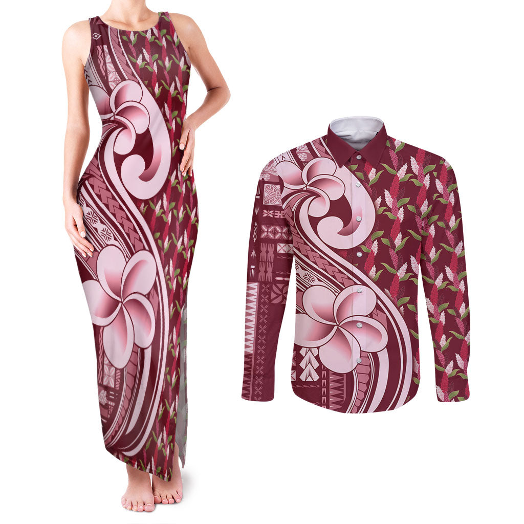 Samoa Teuila Couples Matching Tank Maxi Dress and Long Sleeve Button Shirt Maroon Samoan Siapo Motifs LT05 Maroon - Polynesian Pride