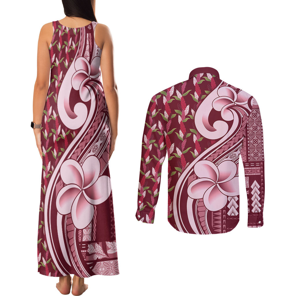 Samoa Teuila Couples Matching Tank Maxi Dress and Long Sleeve Button Shirt Maroon Samoan Siapo Motifs