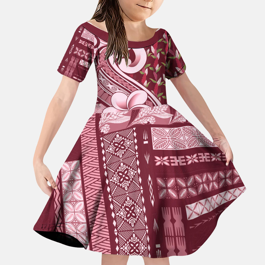 Samoa Teuila Family Matching Off The Shoulder Long Sleeve Dress and Hawaiian Shirt Maroon Samoan Siapo Motifs