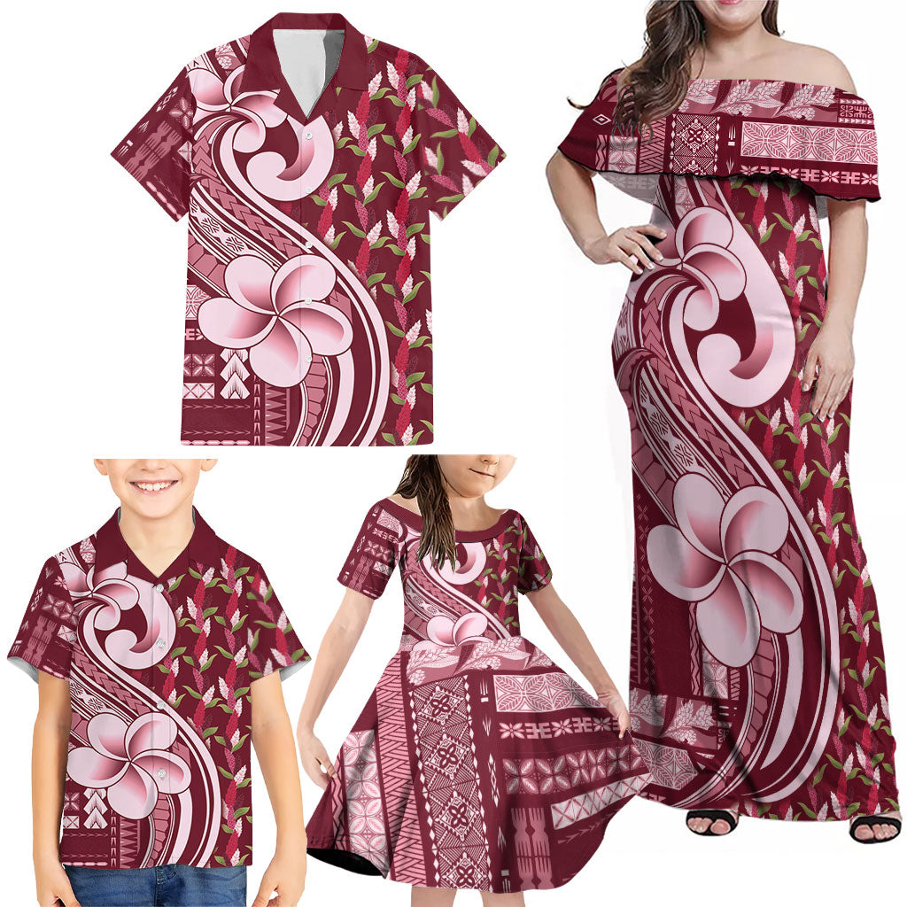 Samoa Teuila Family Matching Off Shoulder Maxi Dress and Hawaiian Shirt Maroon Samoan Siapo Motifs