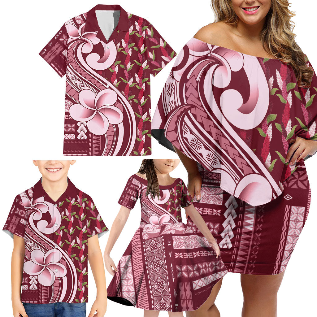 Samoa Teuila Family Matching Off Shoulder Short Dress and Hawaiian Shirt Maroon Samoan Siapo Motifs
