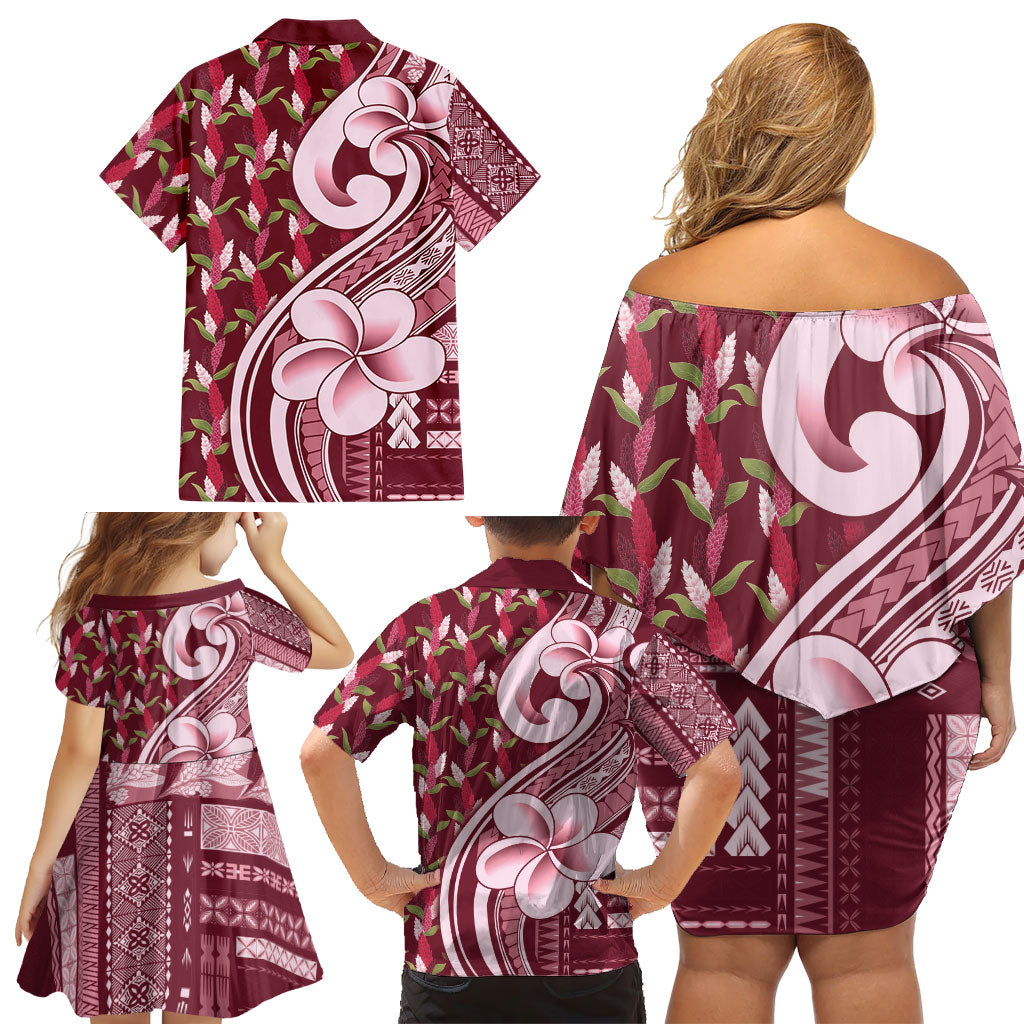 Samoa Teuila Family Matching Off Shoulder Short Dress and Hawaiian Shirt Maroon Samoan Siapo Motifs