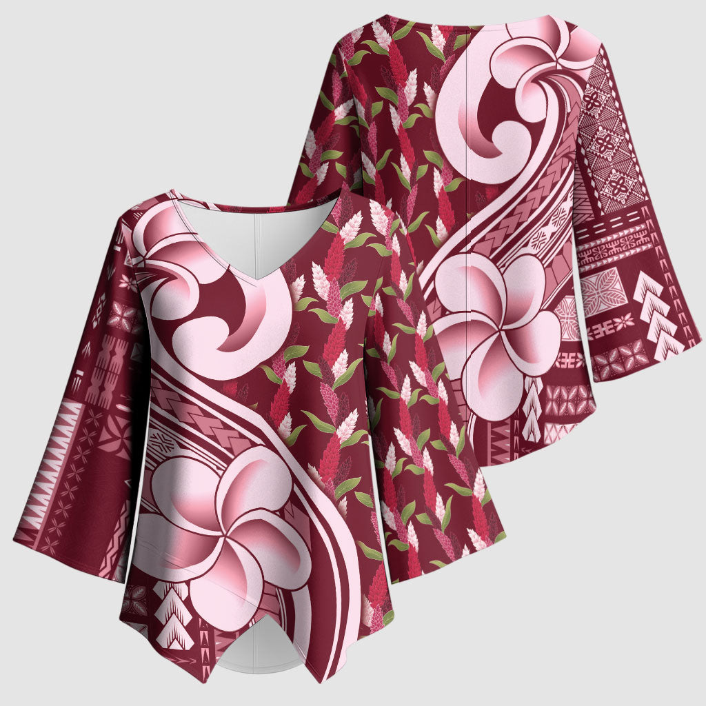 Samoa Teuila Kimono Sleeve Blouse Maroon Samoan Siapo Motifs