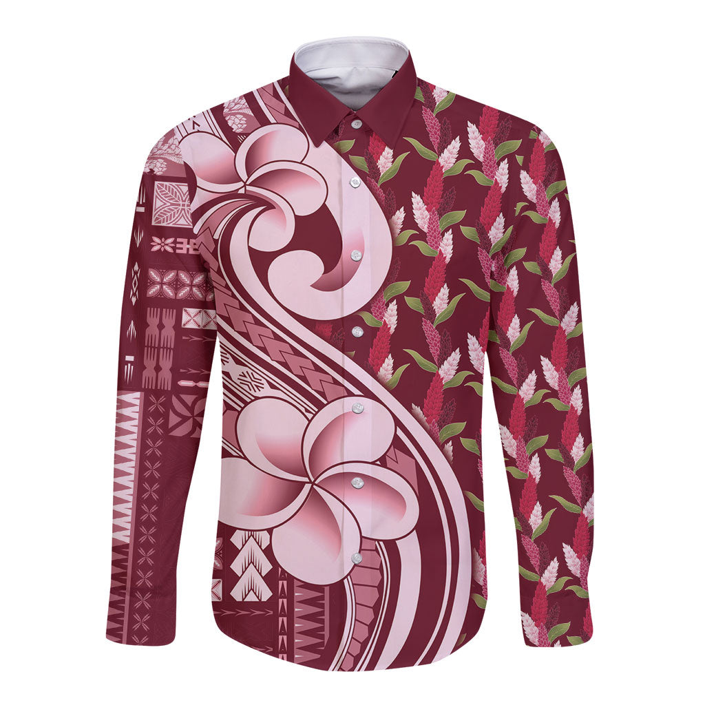 Samoa Teuila Long Sleeve Button Shirt Maroon Samoan Siapo Motifs LT05 Unisex Maroon - Polynesian Pride