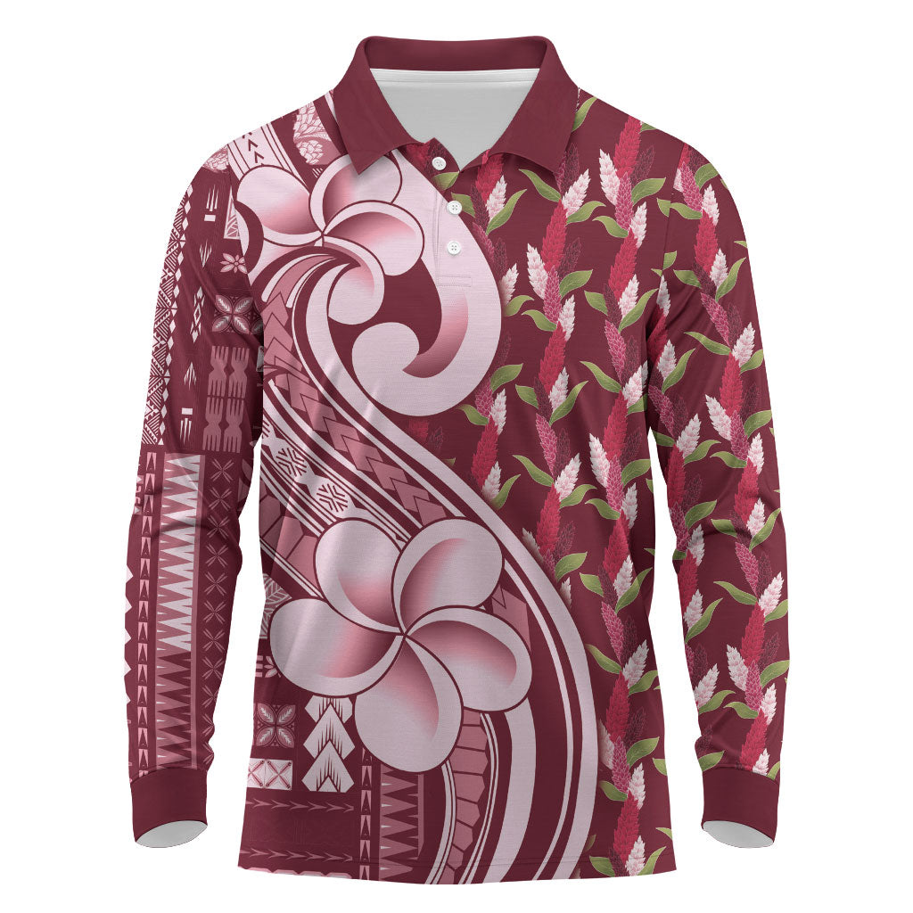 Samoa Teuila Long Sleeve Polo Shirt Maroon Samoan Siapo Motifs