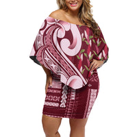Samoa Teuila Off Shoulder Short Dress Maroon Samoan Siapo Motifs