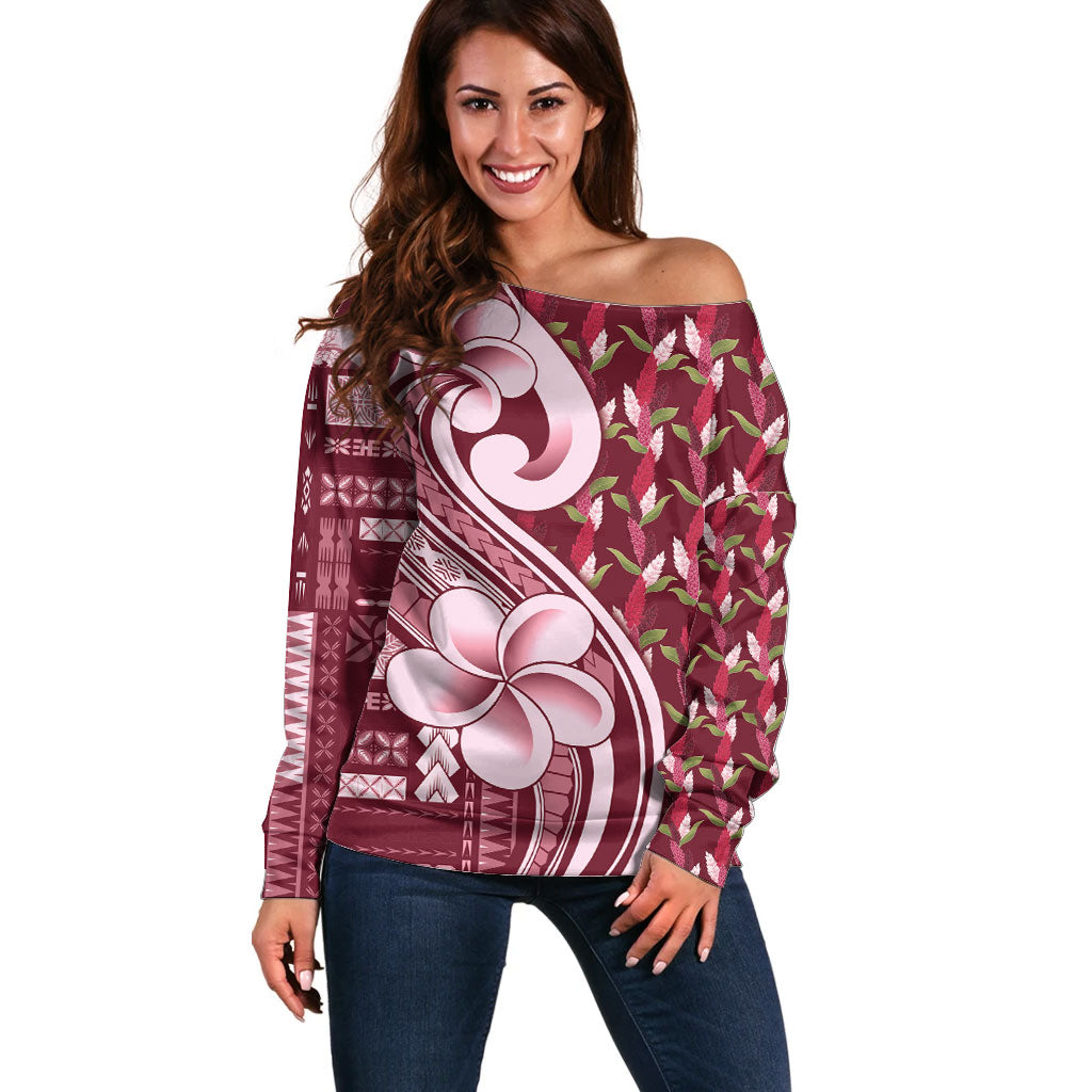 Samoa Teuila Off Shoulder Sweater Maroon Samoan Siapo Motifs
