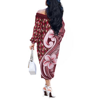 Samoa Teuila Off The Shoulder Long Sleeve Dress Maroon Samoan Siapo Motifs