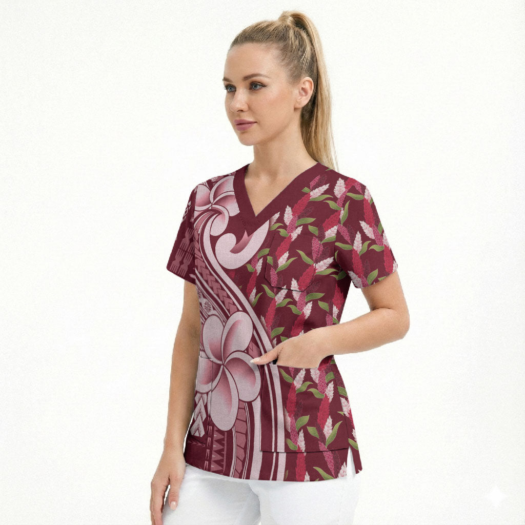 Samoa Teuila Scrub Top Maroon Samoan Siapo Motifs