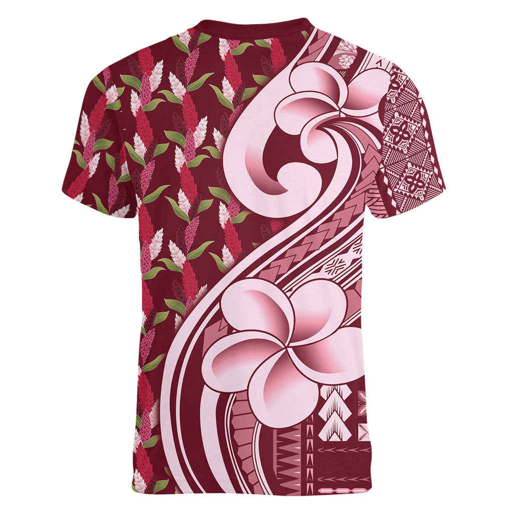Samoa Teuila Women V-Neck T-Shirt Maroon Samoan Siapo Motifs