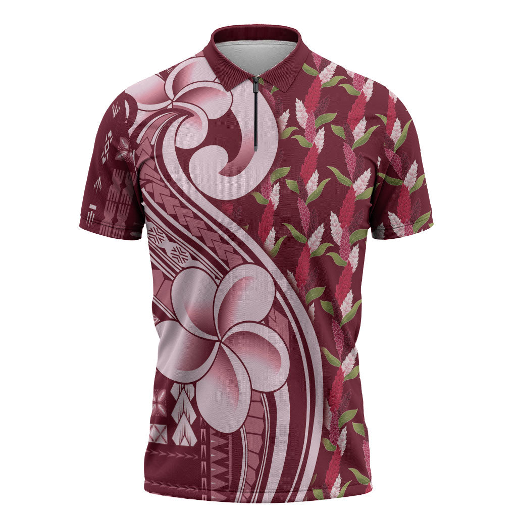 Samoa Teuila Zipper Polo Shirt Maroon Samoan Siapo Motifs