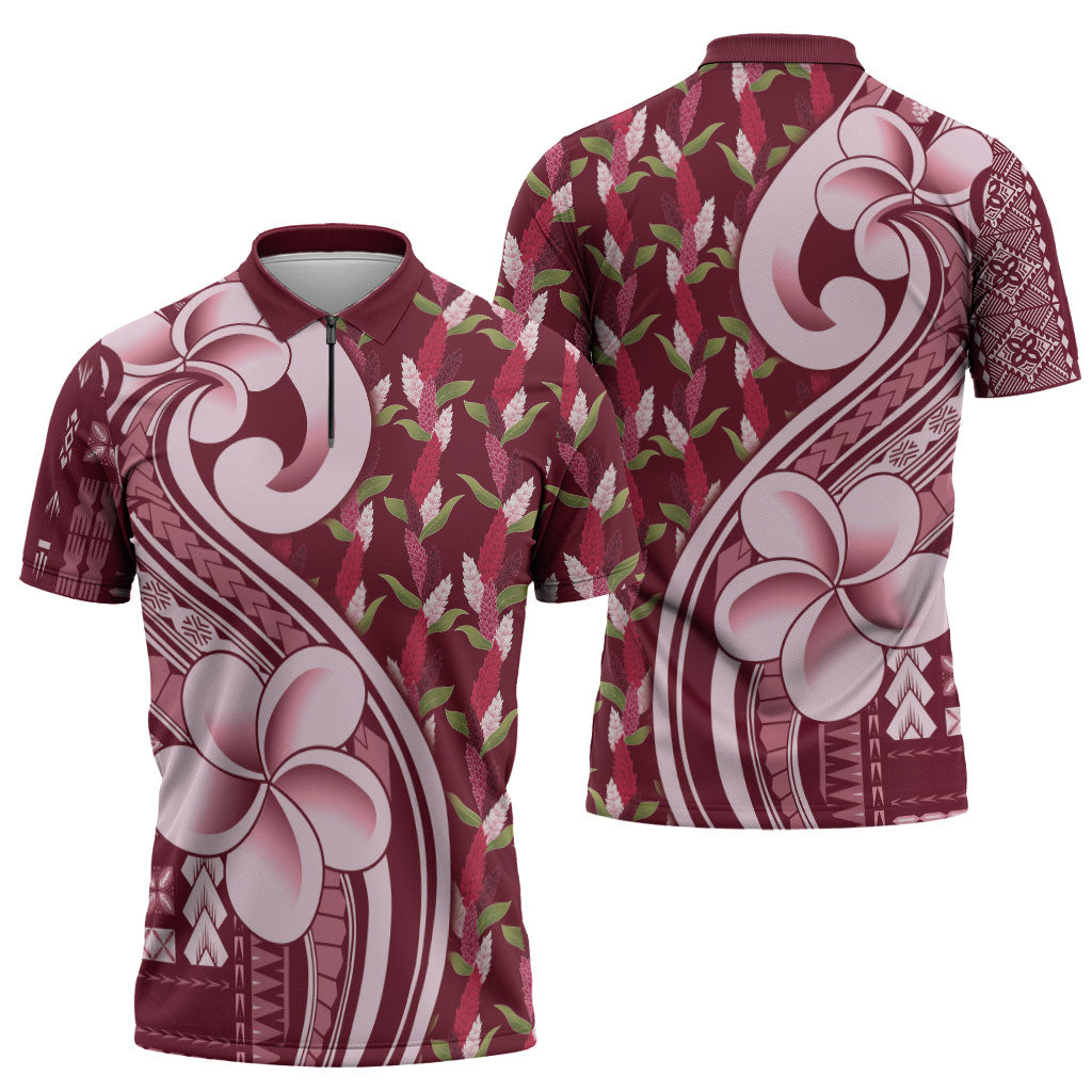 Samoa Teuila Zipper Polo Shirt Maroon Samoan Siapo Motifs