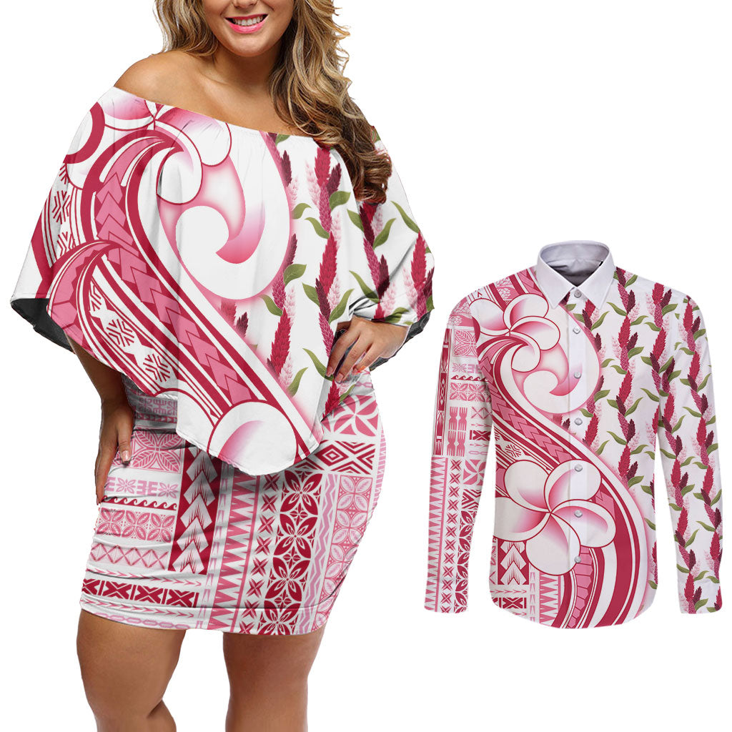 Samoa Teuila Couples Matching Off Shoulder Short Dress and Long Sleeve Button Shirt White Samoan Siapo Motifs LT05 White - Polynesian Pride