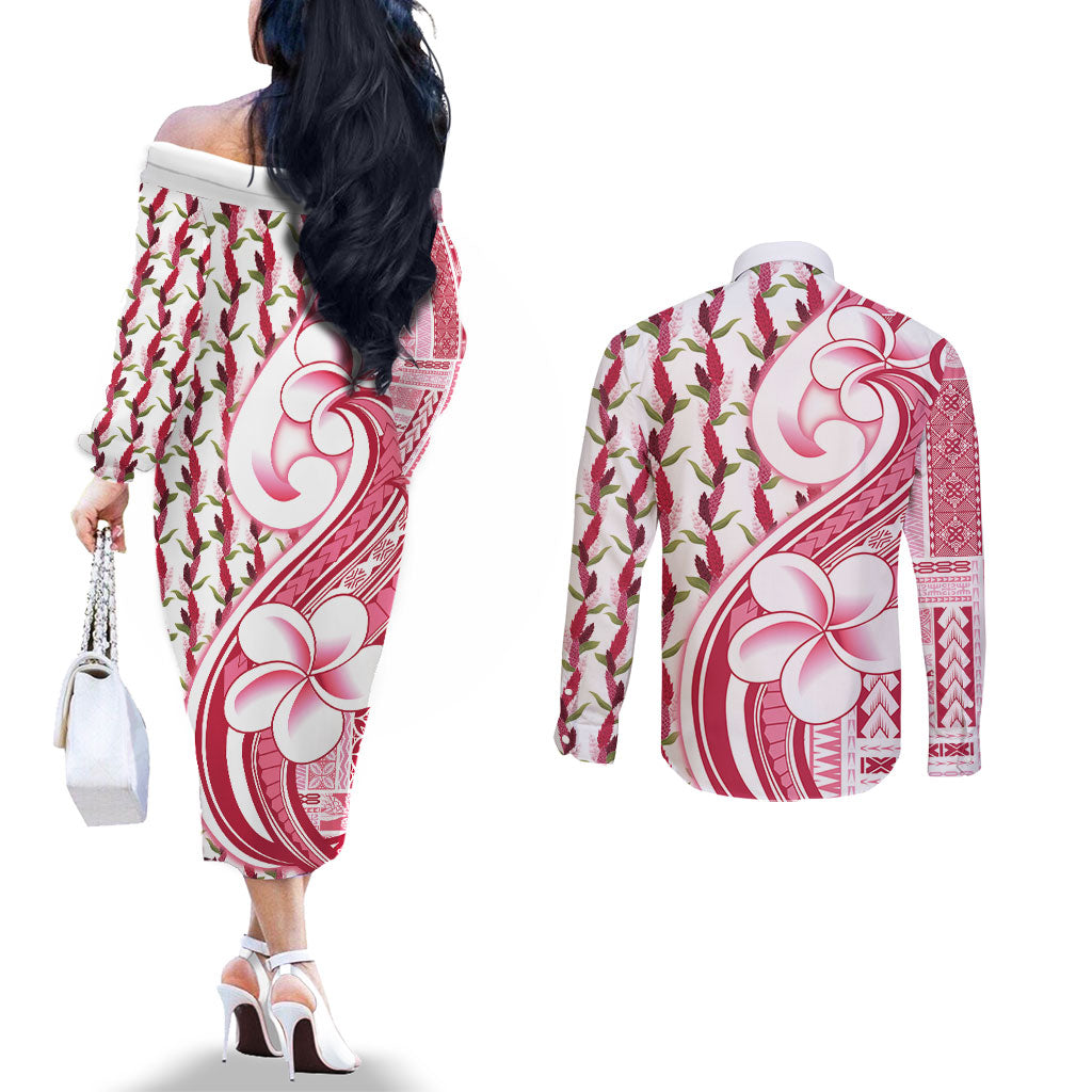 Samoa Teuila Couples Matching Off The Shoulder Long Sleeve Dress and Long Sleeve Button Shirt White Samoan Siapo Motifs