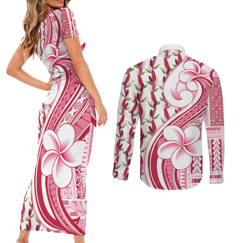 Samoa Teuila Couples Matching Short Sleeve Bodycon Dress and Long Sleeve Button Shirt White Samoan Siapo Motifs