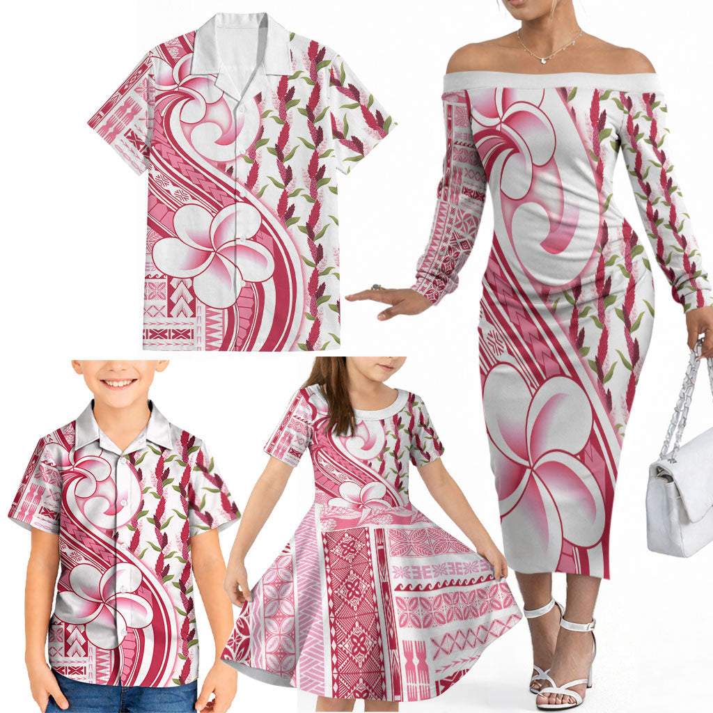 Samoa Teuila Family Matching Off The Shoulder Long Sleeve Dress and Hawaiian Shirt White Samoan Siapo Motifs LT05 - Polynesian Pride