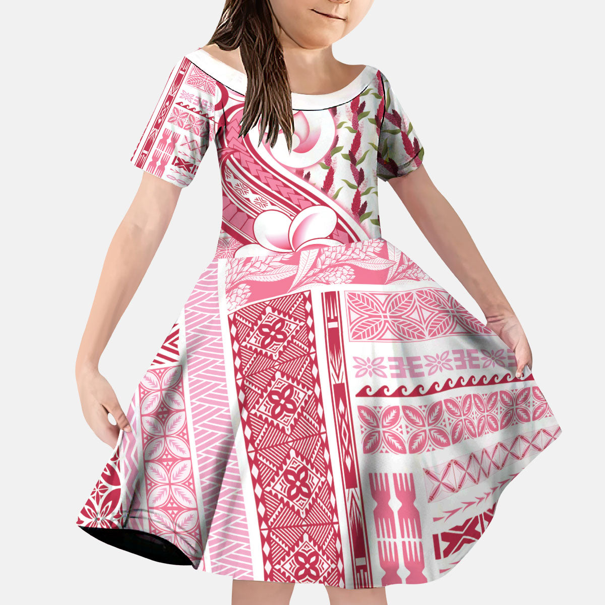 Samoa Teuila Kid Short Sleeve Dress White Samoan Siapo Motifs