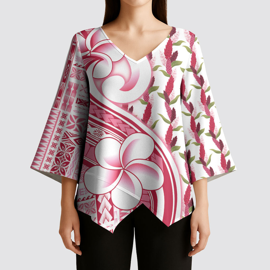Samoa Teuila Kimono Sleeve Blouse White Samoan Siapo Motifs