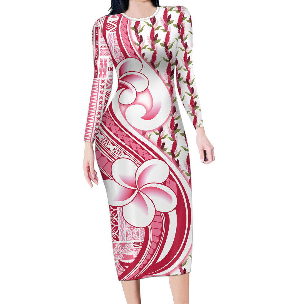 Samoa Teuila Long Sleeve Bodycon Dress White Samoan Siapo Motifs