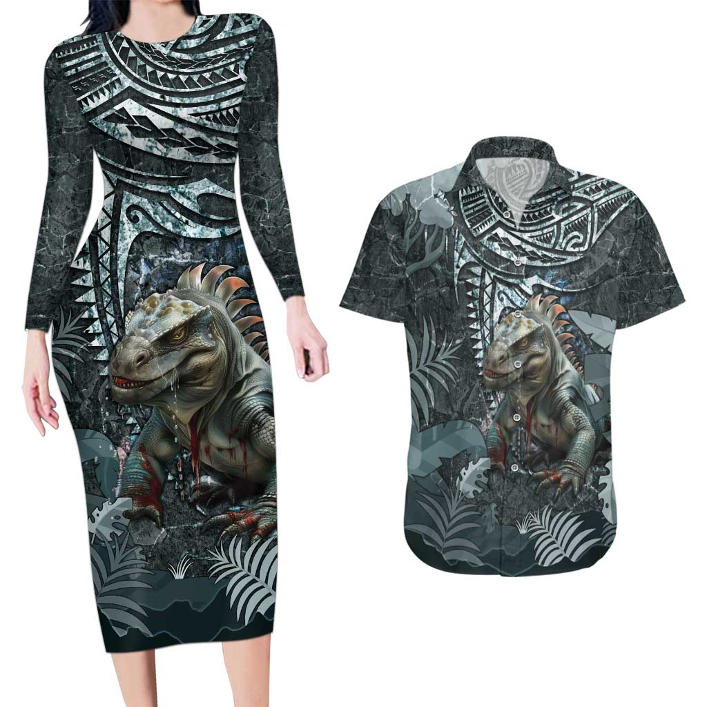 Hawaii Mo'o Lizard God Couples Matching Long Sleeve Bodycon Dress and Hawaiian Shirt Polynesian Style