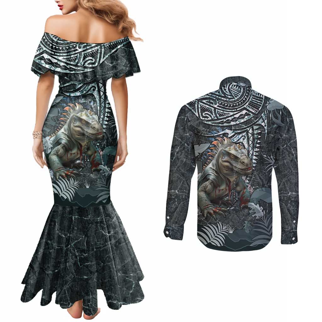 Hawaii Mo'o Lizard God Couples Matching Mermaid Dress and Long Sleeve Button Shirt Polynesian Style