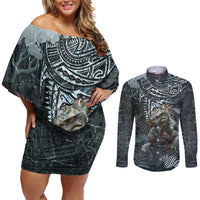 Hawaii Mo'o Lizard God Couples Matching Off Shoulder Short Dress and Long Sleeve Button Shirt Polynesian Style