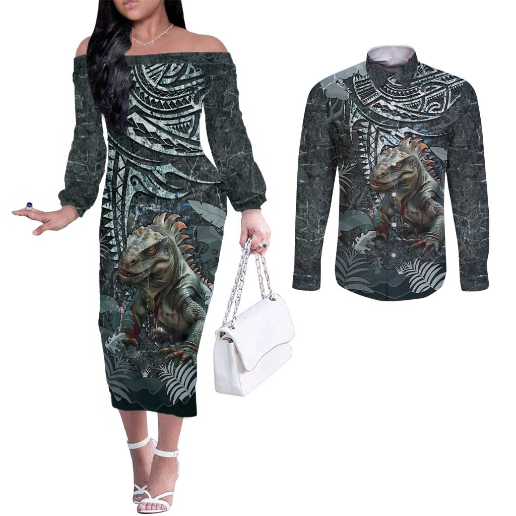 Hawaii Mo'o Lizard God Couples Matching Off The Shoulder Long Sleeve Dress and Long Sleeve Button Shirt Polynesian Style