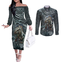 Hawaii Mo'o Lizard God Couples Matching Off The Shoulder Long Sleeve Dress and Long Sleeve Button Shirt Polynesian Style