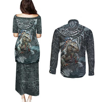 Hawaii Mo'o Lizard God Couples Matching Puletasi and Long Sleeve Button Shirt Polynesian Style