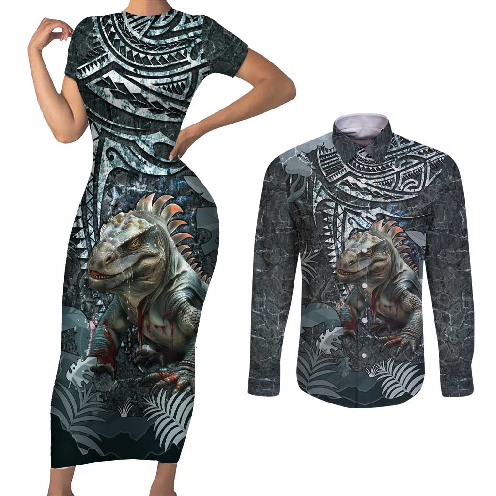 Hawaii Mo'o Lizard God Couples Matching Short Sleeve Bodycon Dress and Long Sleeve Button Shirt Polynesian Style