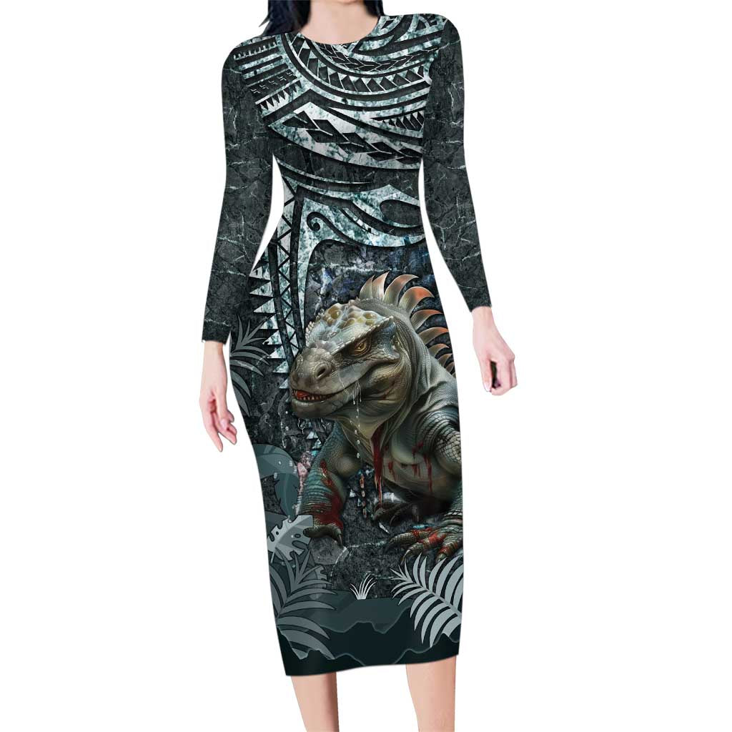 Hawaii Mo'o Lizard God Family Matching Long Sleeve Bodycon Dress and Hawaiian Shirt Polynesian Style