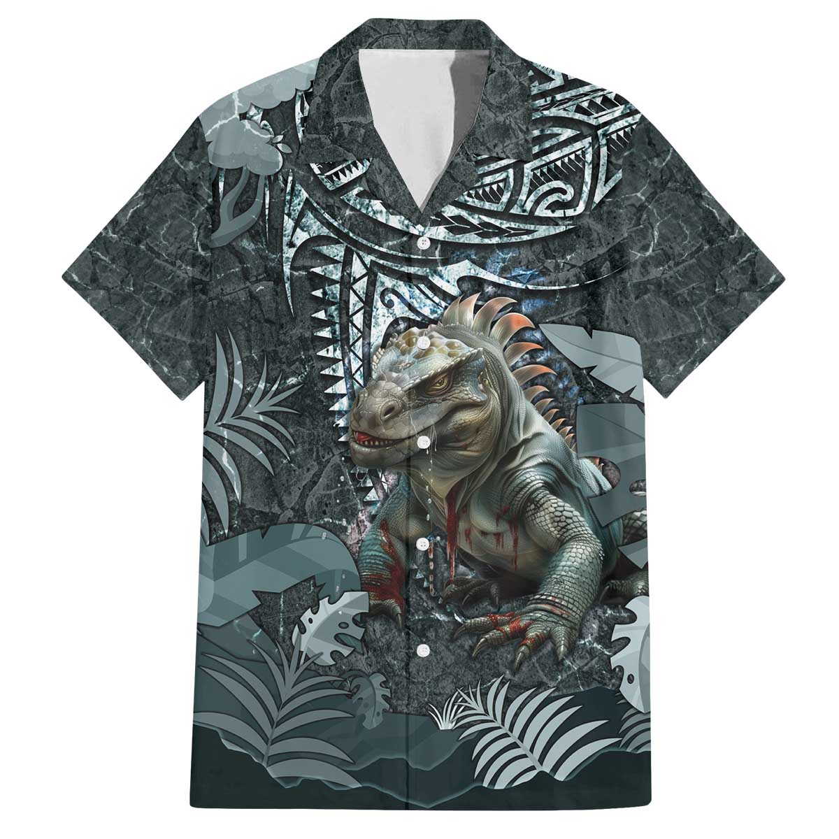 Hawaii Mo'o Lizard God Family Matching Off Shoulder Short Dress and Hawaiian Shirt Polynesian Style LT05 Dad's Shirt - Short Sleeve Green - Polynesian Pride