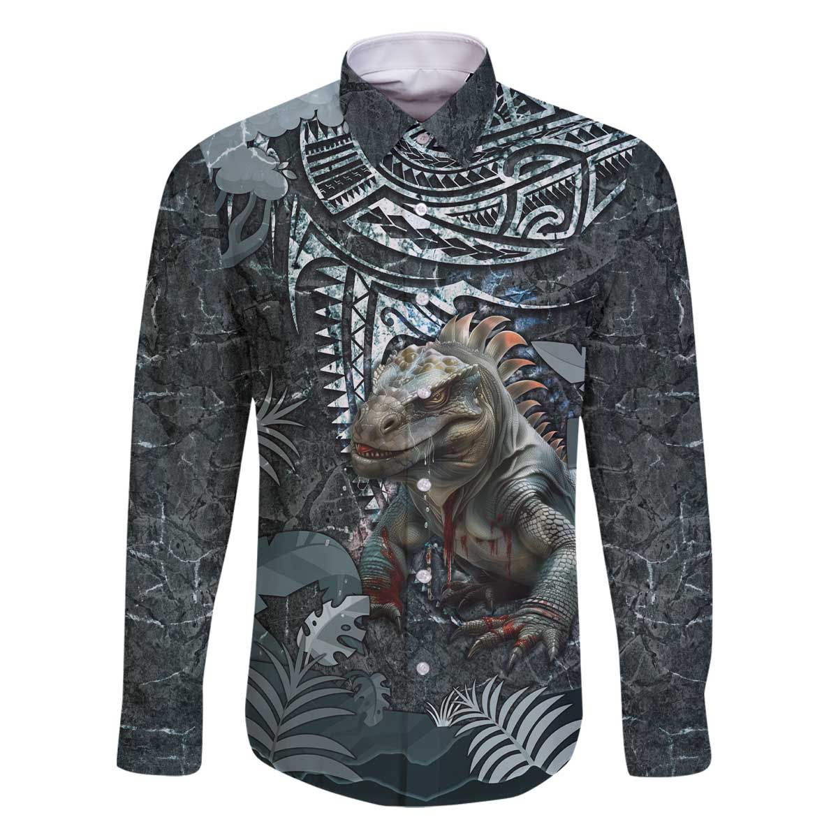 Hawaii Mo'o Lizard God Family Matching Off Shoulder Short Dress and Hawaiian Shirt Polynesian Style LT05 Dad's Shirt - Long Sleeve Green - Polynesian Pride
