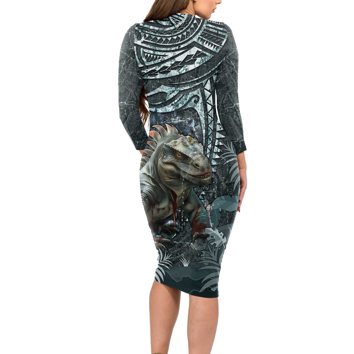 Hawaii Mo'o Lizard God Long Sleeve Bodycon Dress Polynesian Style