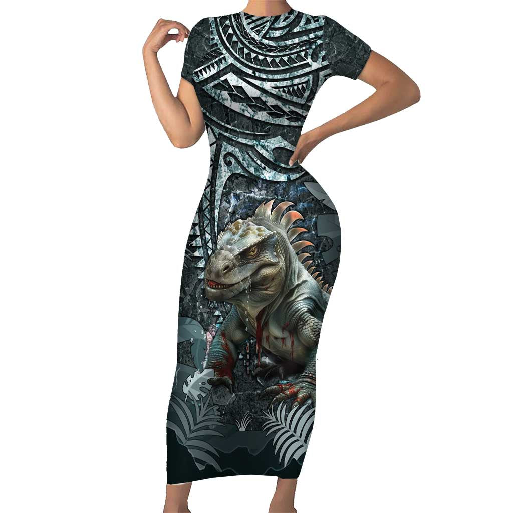 Hawaii Mo'o Lizard God Short Sleeve Bodycon Dress Polynesian Style LT05 Long Dress Green - Polynesian Pride