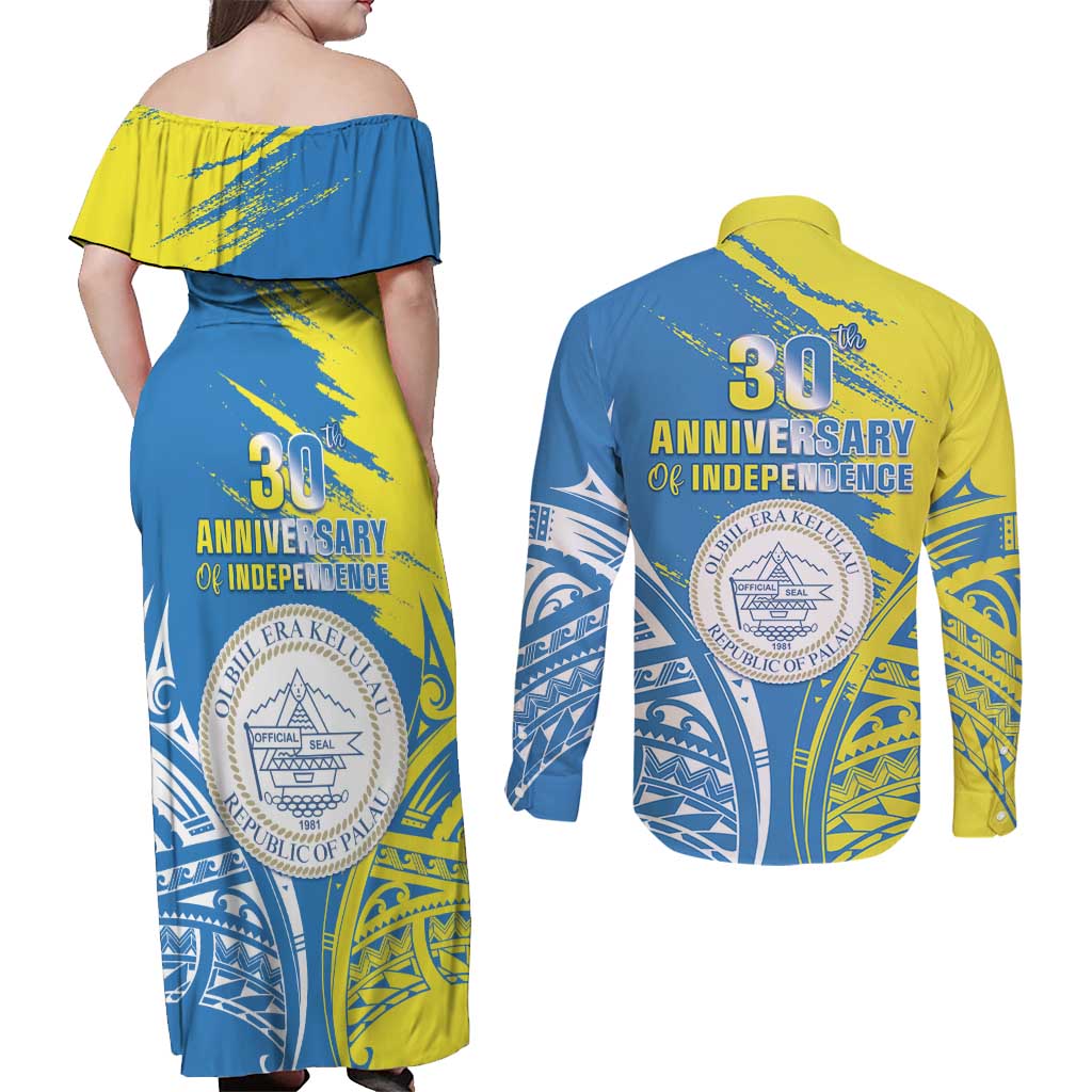Palau Independence Day Couples Matching Off Shoulder Maxi Dress and Long Sleeve Button Shirt Happy 30th Anniversary