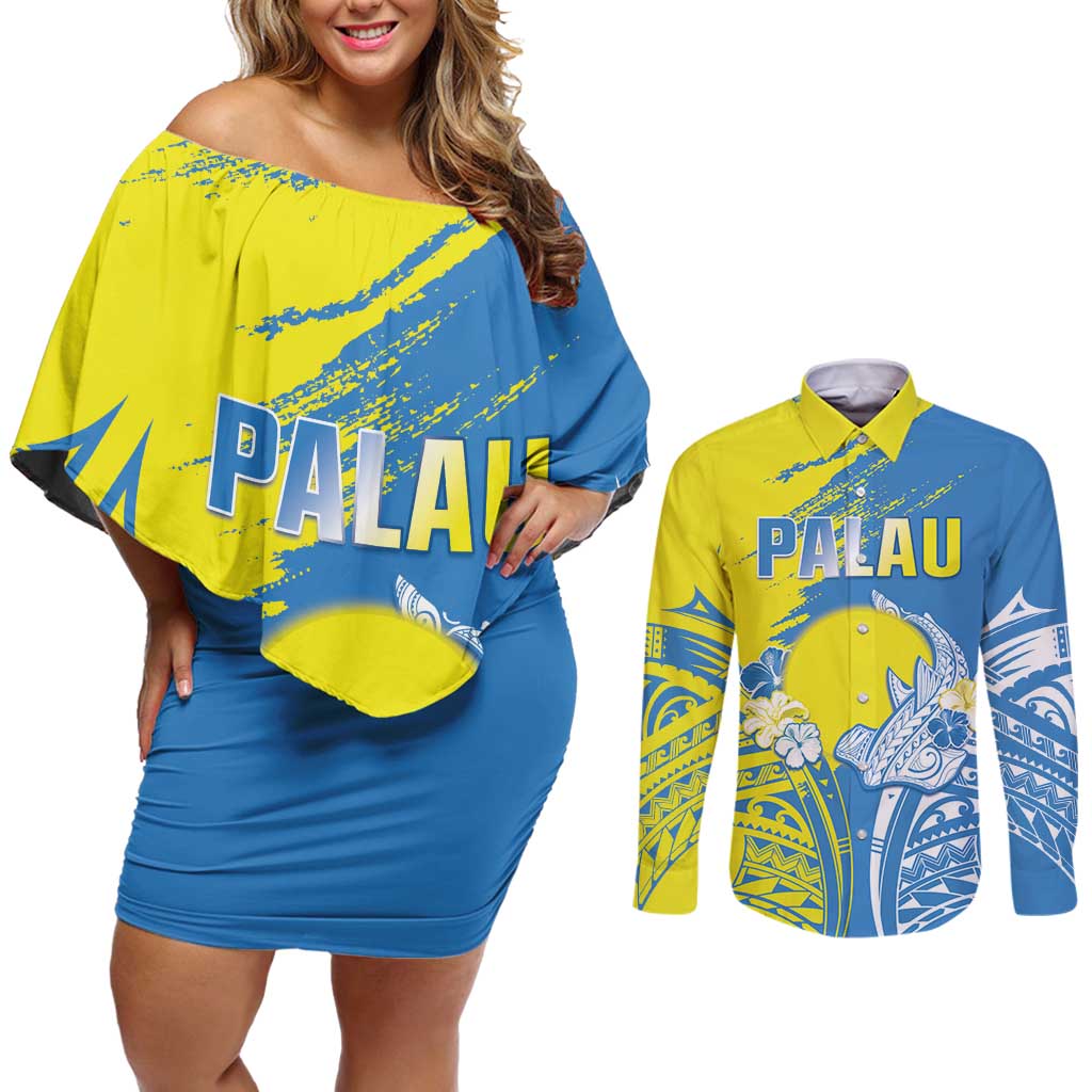 Palau Independence Day Couples Matching Off Shoulder Short Dress and Long Sleeve Button Shirt Happy 30th Anniversary