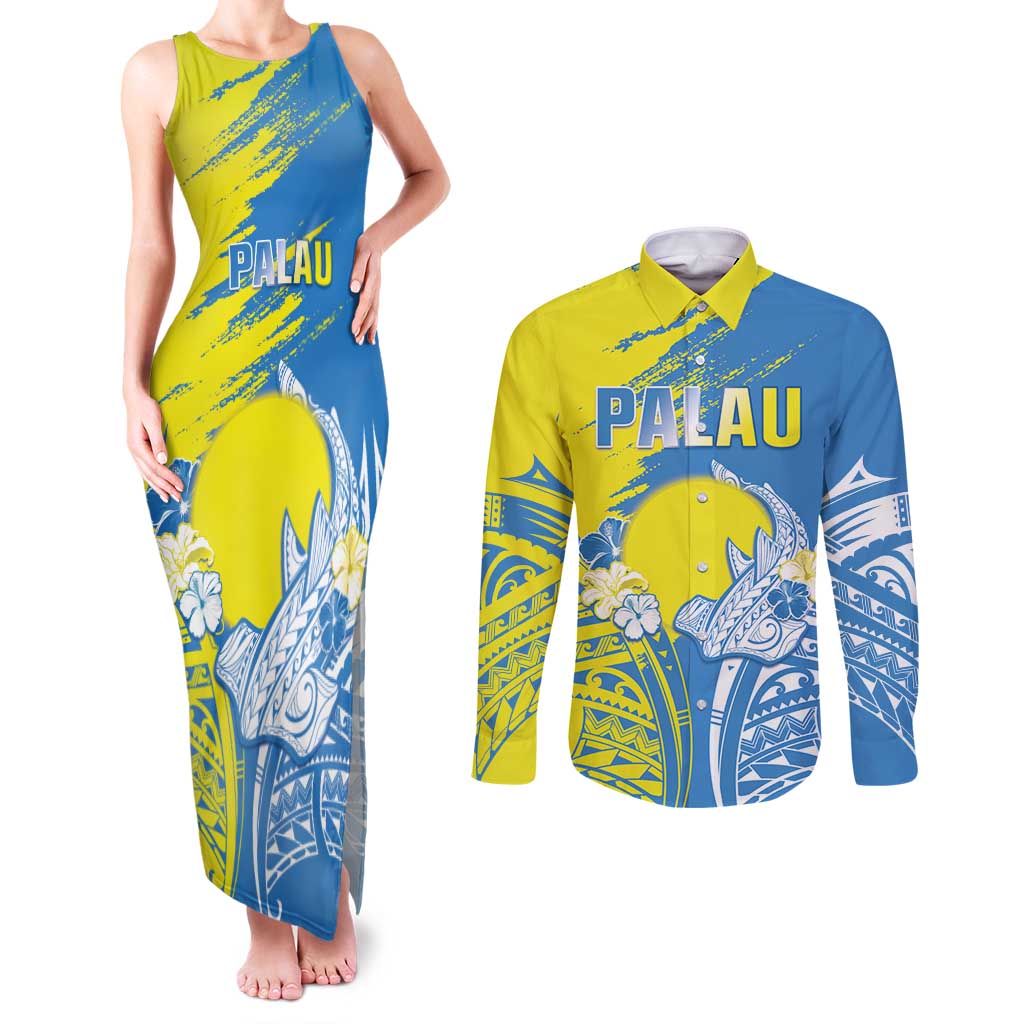 Palau Independence Day Couples Matching Tank Maxi Dress and Long Sleeve Button Shirt Happy 30th Anniversary LT05 Blue - Polynesian Pride