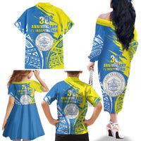 Palau Independence Day Family Matching Off The Shoulder Long Sleeve Dress and Hawaiian Shirt Happy 30th Anniversary