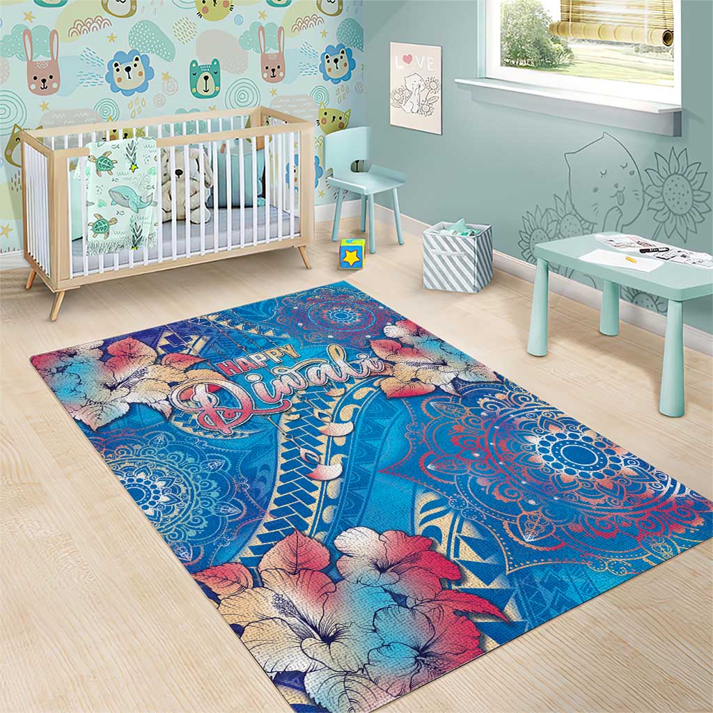 Happy Diwali Festival Area Rug Diya Lamp Rangoli With Polynesian Pattern