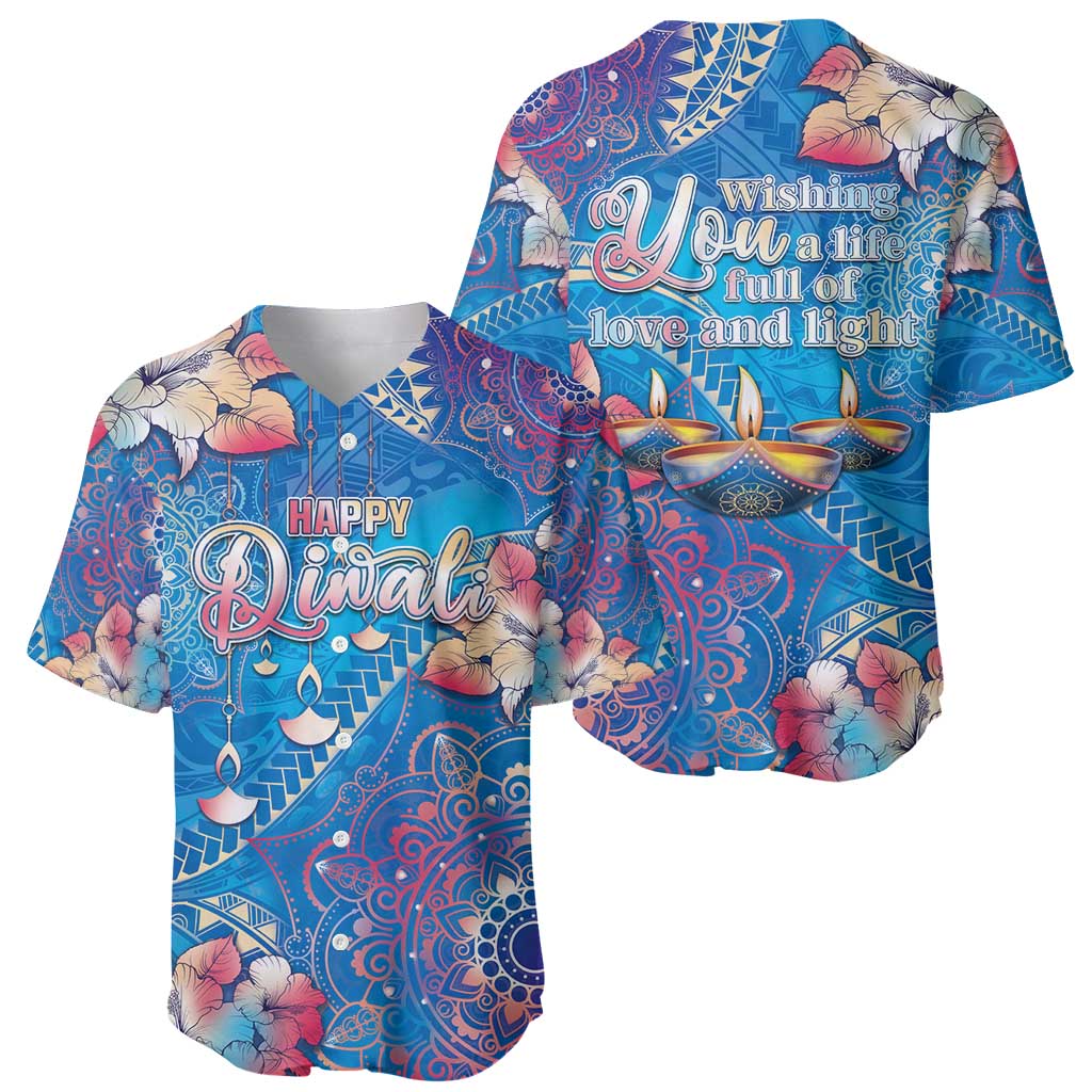 Happy Diwali Festival Baseball Jersey Diya Lamp Rangoli With Polynesian Pattern