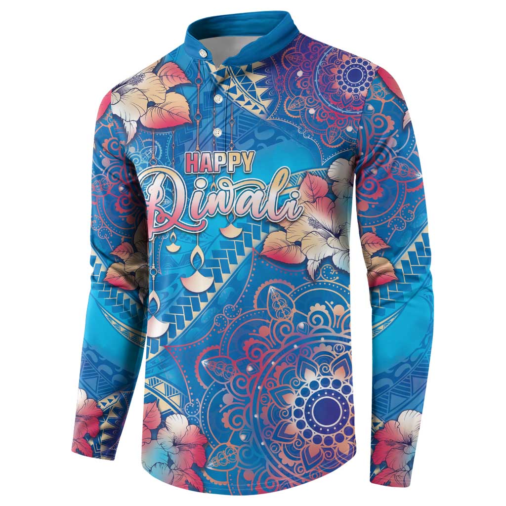 Happy Diwali Festival Button Sweatshirt Diya Lamp Rangoli With Polynesian Pattern