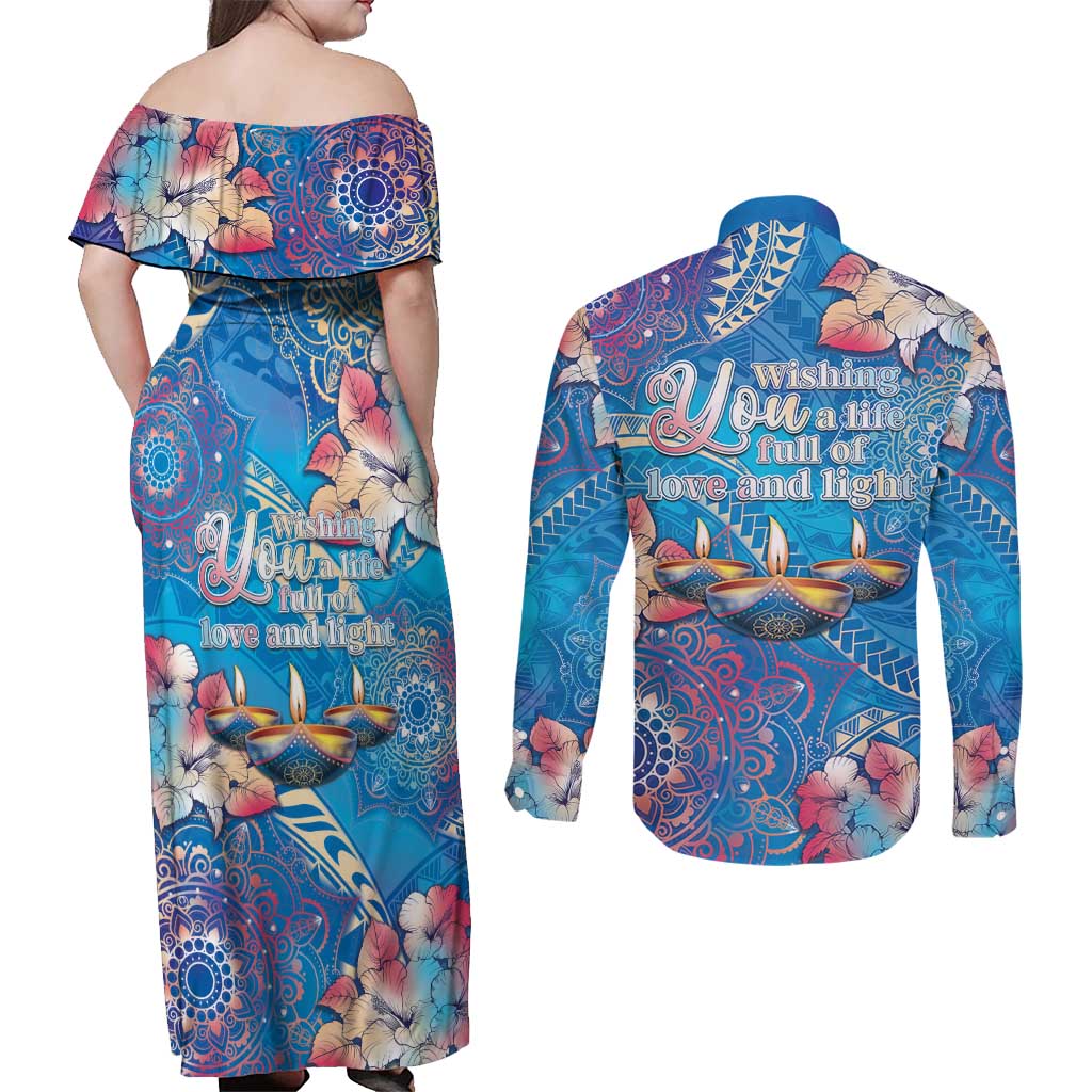Happy Diwali Festival Couples Matching Off Shoulder Maxi Dress and Long Sleeve Button Shirt Diya Lamp Rangoli With Polynesian Pattern