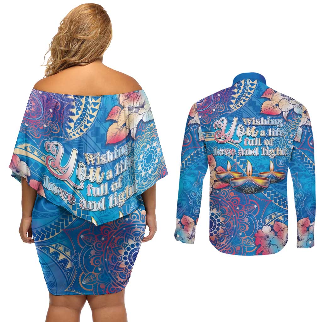 Happy Diwali Festival Couples Matching Off Shoulder Short Dress and Long Sleeve Button Shirt Diya Lamp Rangoli With Polynesian Pattern