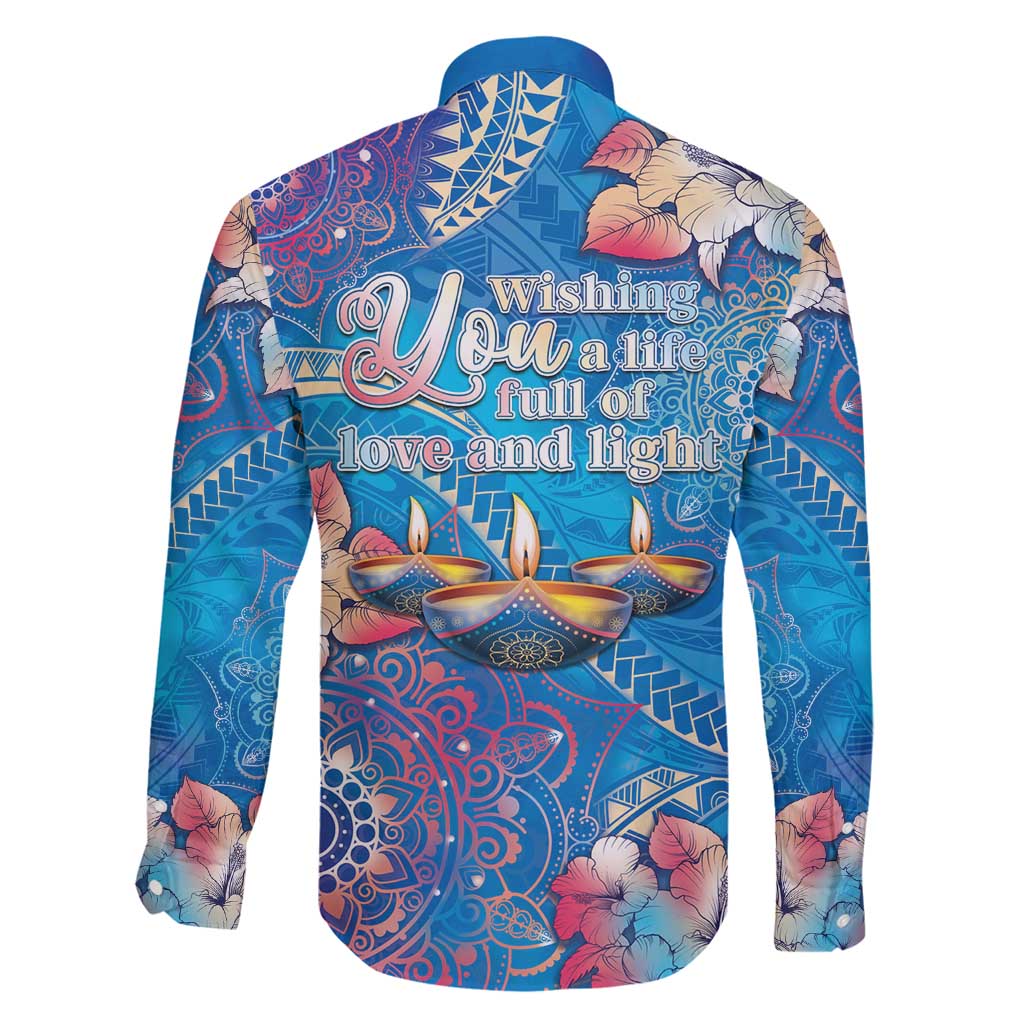 Happy Diwali Festival Family Matching Long Sleeve Bodycon Dress and Hawaiian Shirt Diya Lamp Rangoli With Polynesian Pattern