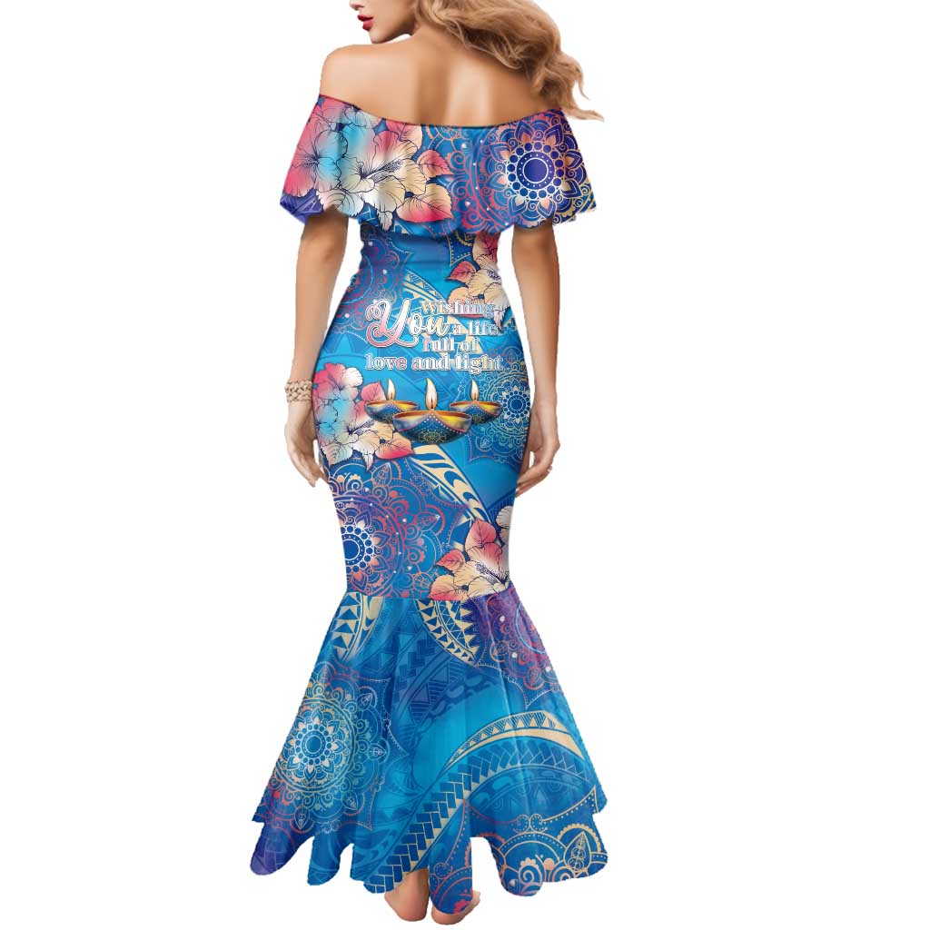 Happy Diwali Festival Family Matching Mermaid Dress and Hawaiian Shirt Diya Lamp Rangoli With Polynesian Pattern