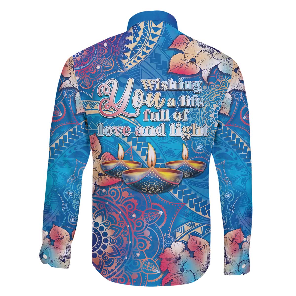 Happy Diwali Festival Family Matching Off The Shoulder Long Sleeve Dress and Hawaiian Shirt Diya Lamp Rangoli With Polynesian Pattern