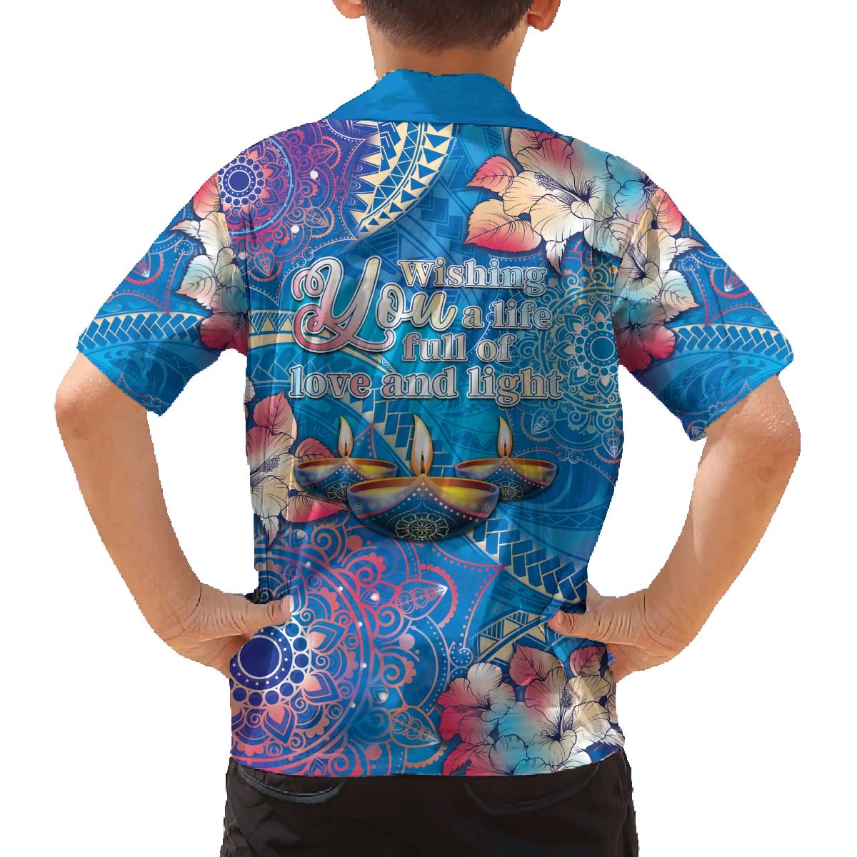 Happy Diwali Festival Family Matching Off Shoulder Short Dress and Hawaiian Shirt Diya Lamp Rangoli With Polynesian Pattern