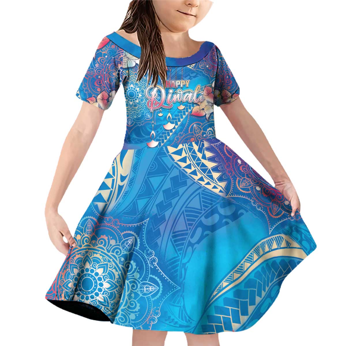 Happy Diwali Festival Family Matching Off Shoulder Short Dress and Hawaiian Shirt Diya Lamp Rangoli With Polynesian Pattern